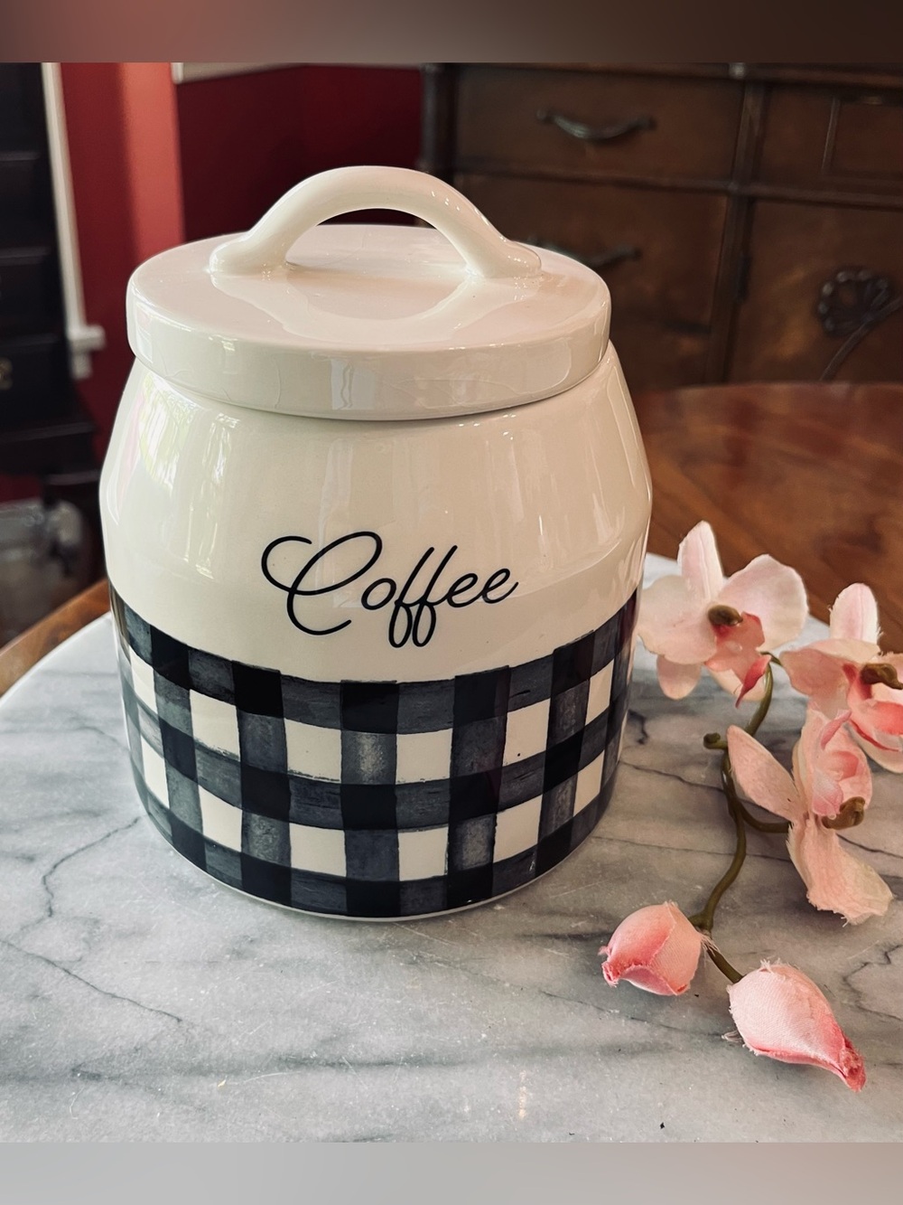 Sheffield Home Ceramic “Coffee” Canister BLK&White Buffalo Check Farmhouse - Picture 3 of 12